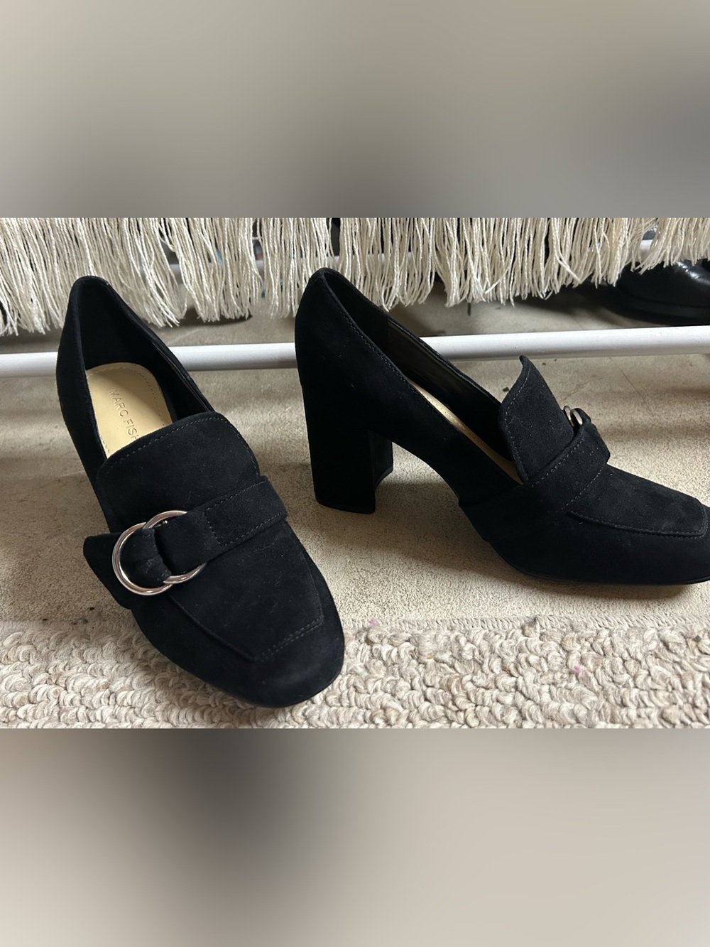 Marc Fisher Black Suede Buckle Block Heel Loafers